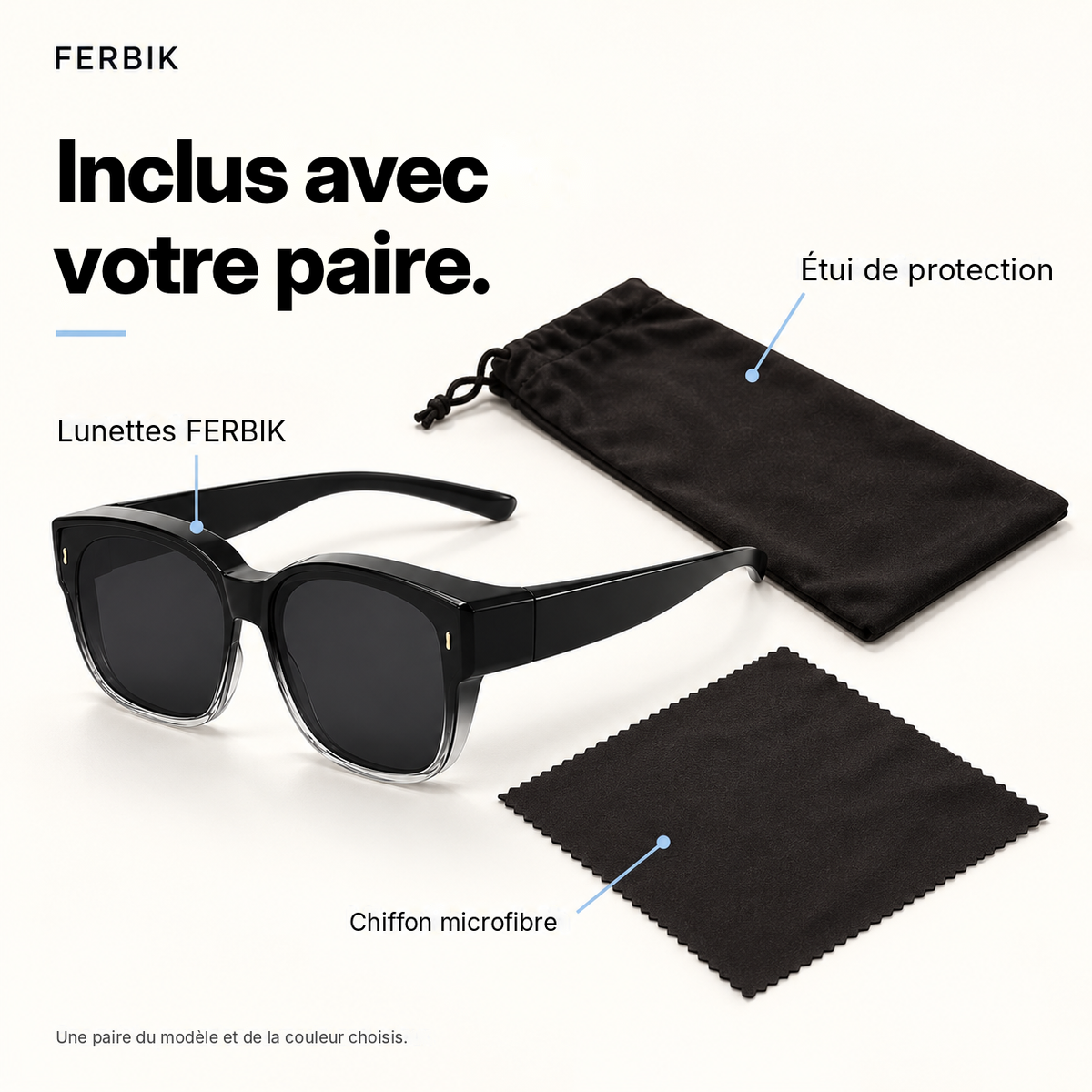 Lunettes de soleil AURORE noir dégradé avec étui de protection et chiffon microfibre