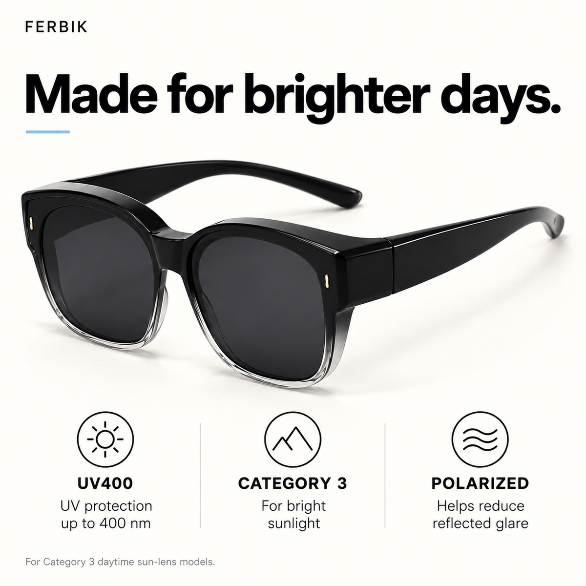 AURORE graduated black fit-over sunglasses, lens close-up