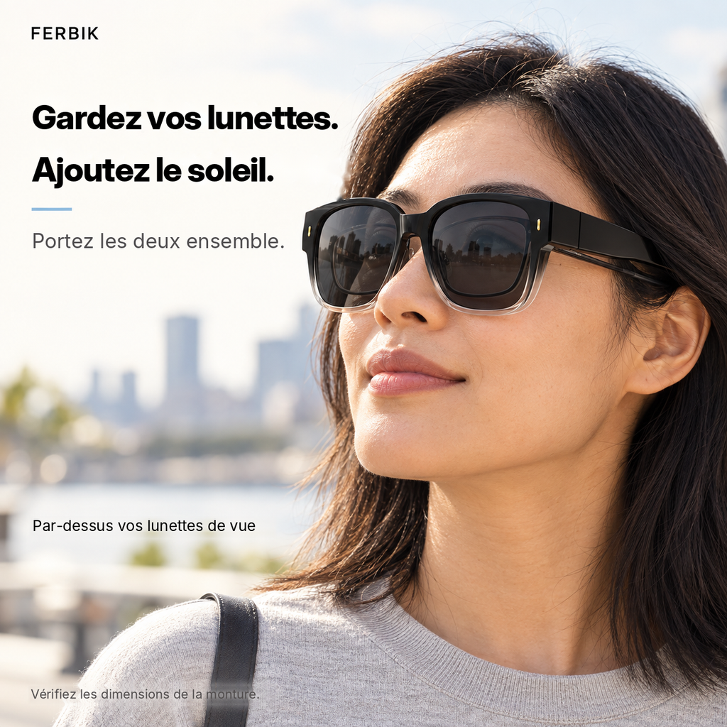 Lunettes de soleil AURORE noir dégradé portées par-dessus des lunettes de vue