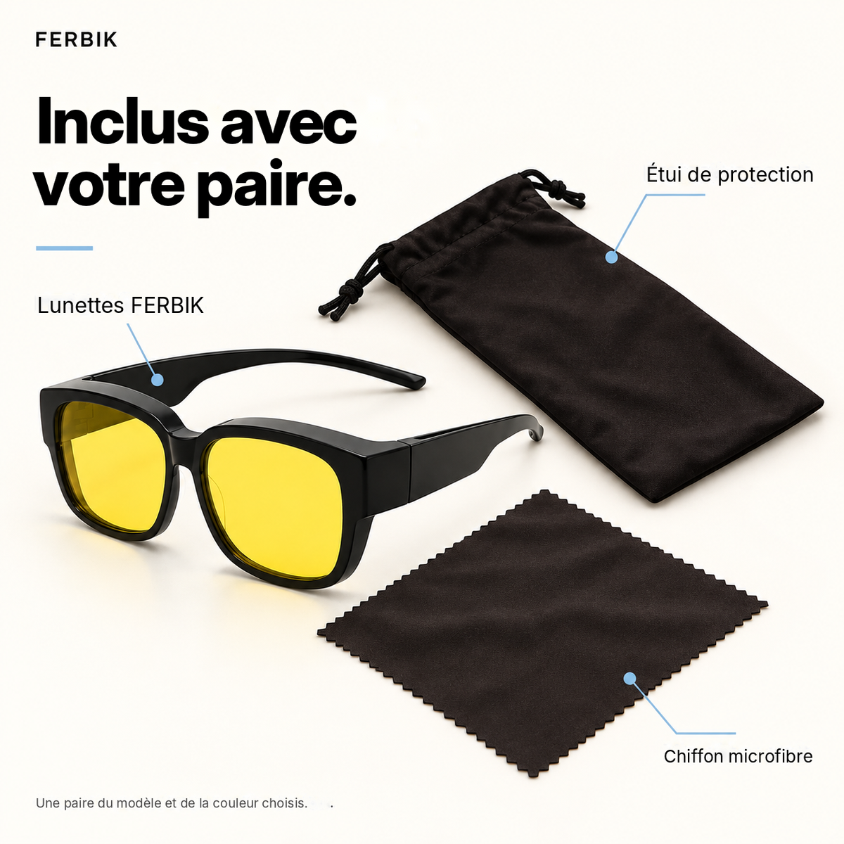 Lunettes de soleil BORÉAL NUIT verre jaune avec étui de protection et chiffon microfibre