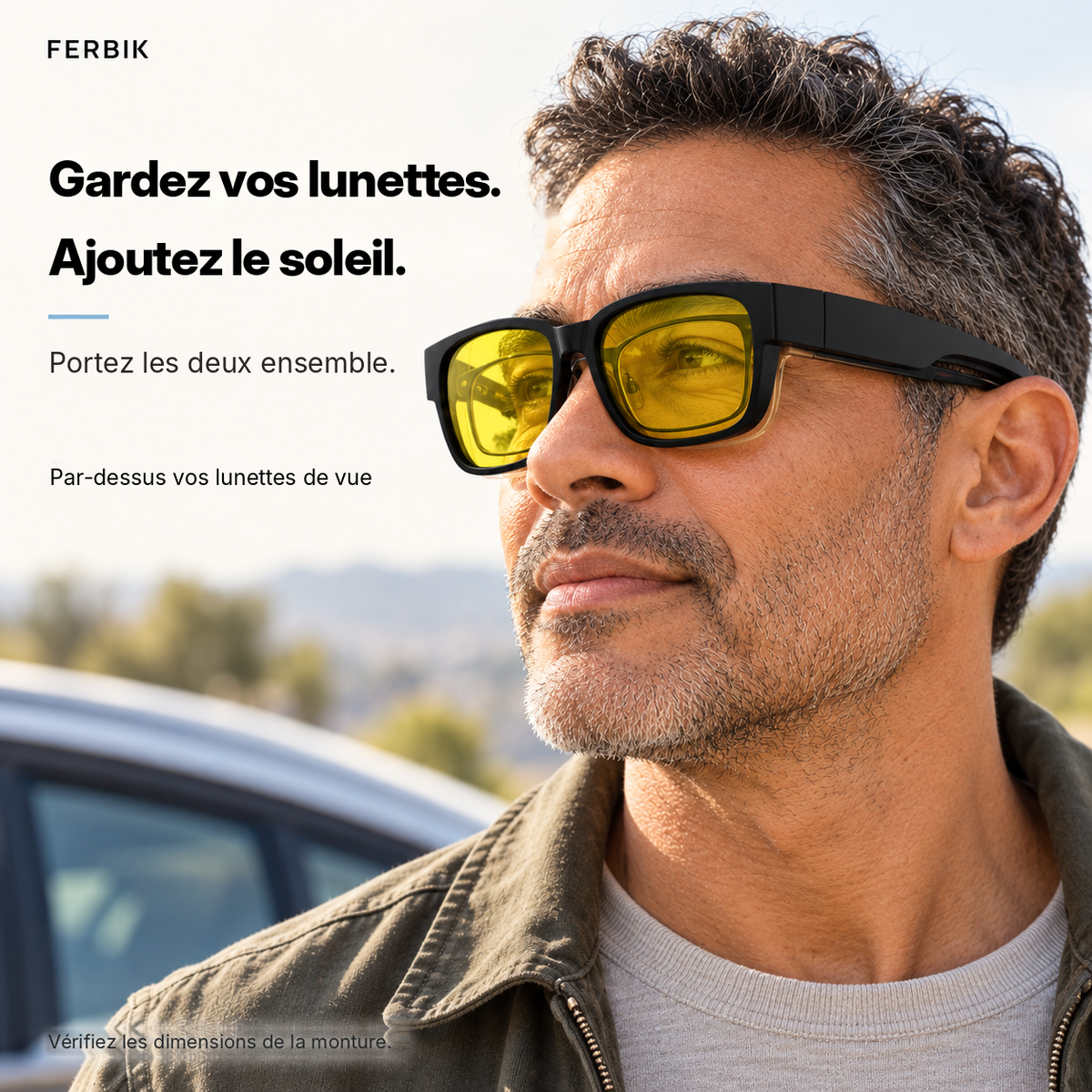Lunettes de soleil BORÉAL NUIT verre jaune portées par-dessus des lunettes de vue