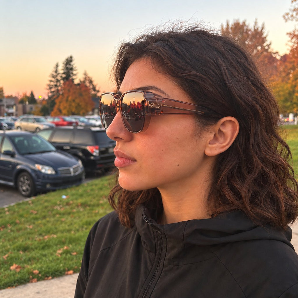 Woman wearing BRUME tea fit-over sunglasses at sunset