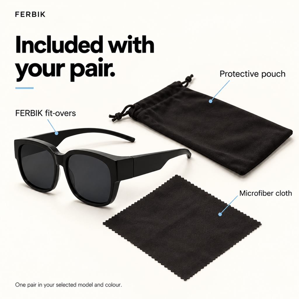 NORDET smoke grey fit-over sunglasses with pouch and microfiber cloth