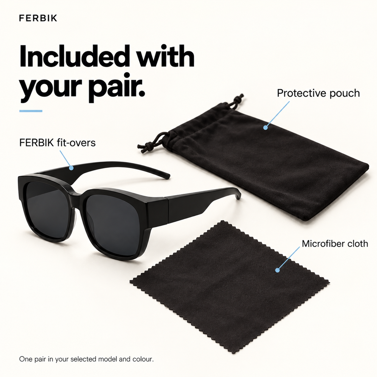 NORDET smoke grey fit-over sunglasses with pouch and microfiber cloth