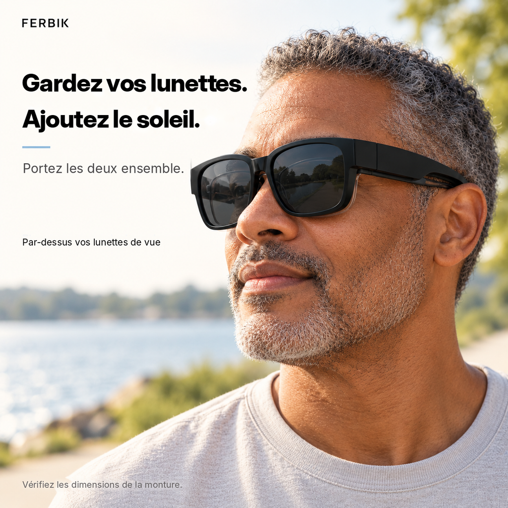 Lunettes de soleil NORDET gris fumé portées par-dessus des lunettes de vue
