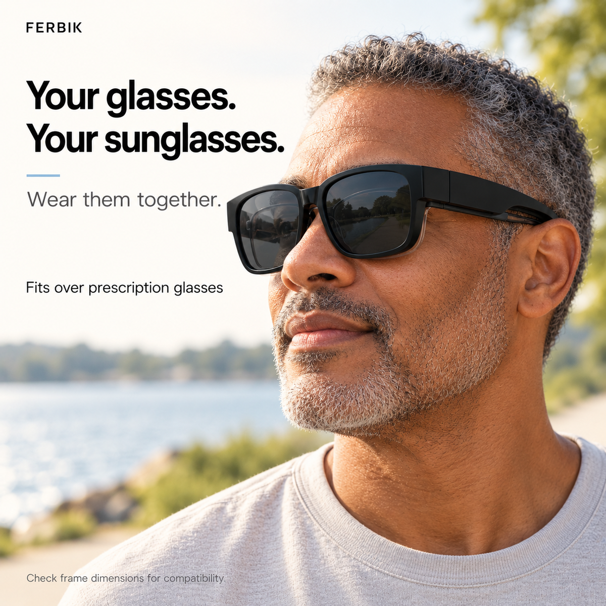 NORDET smoke grey fit-over sunglasses worn over prescription glasses