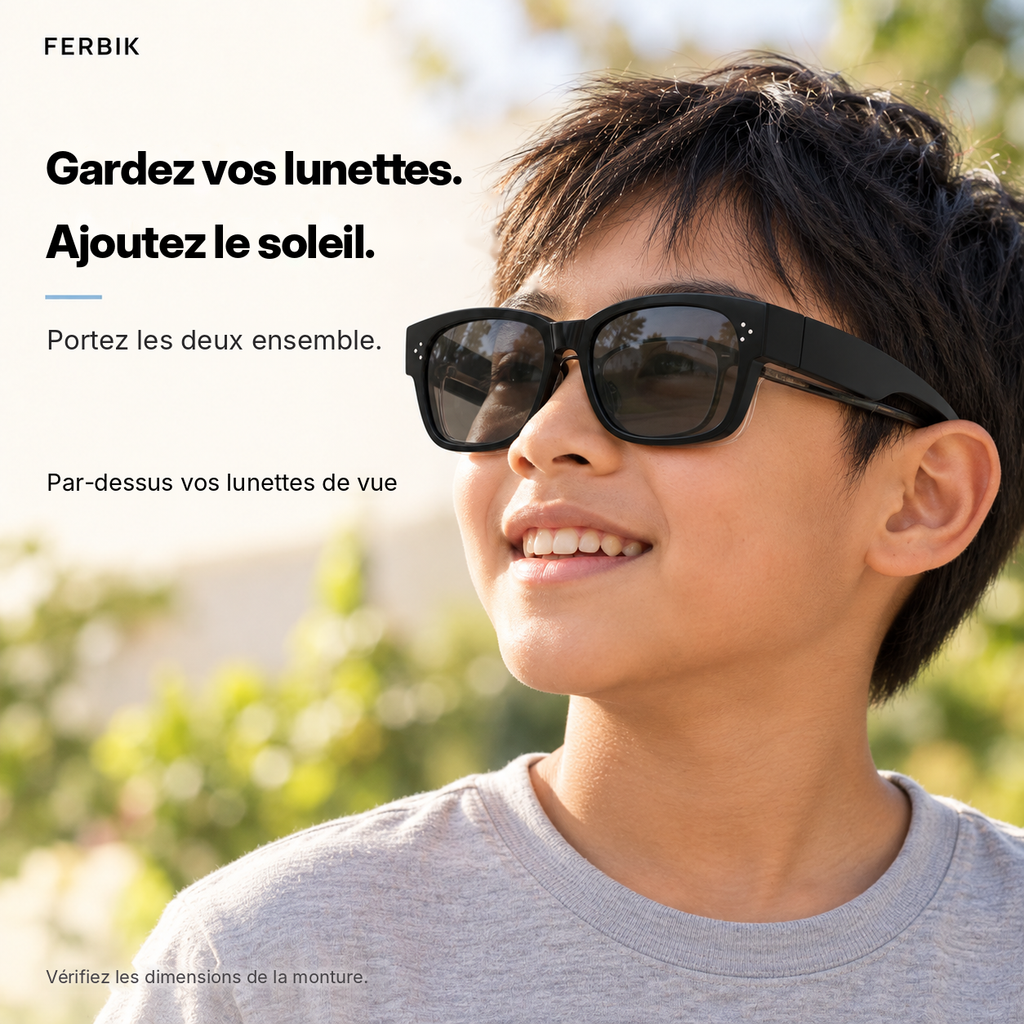 Lunettes de soleil PETIT NORD noir pour enfant portées par-dessus des lunettes de vue