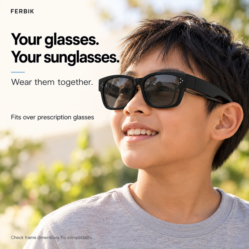 PETIT NORD black kids fit-over sunglasses worn over prescription glasses