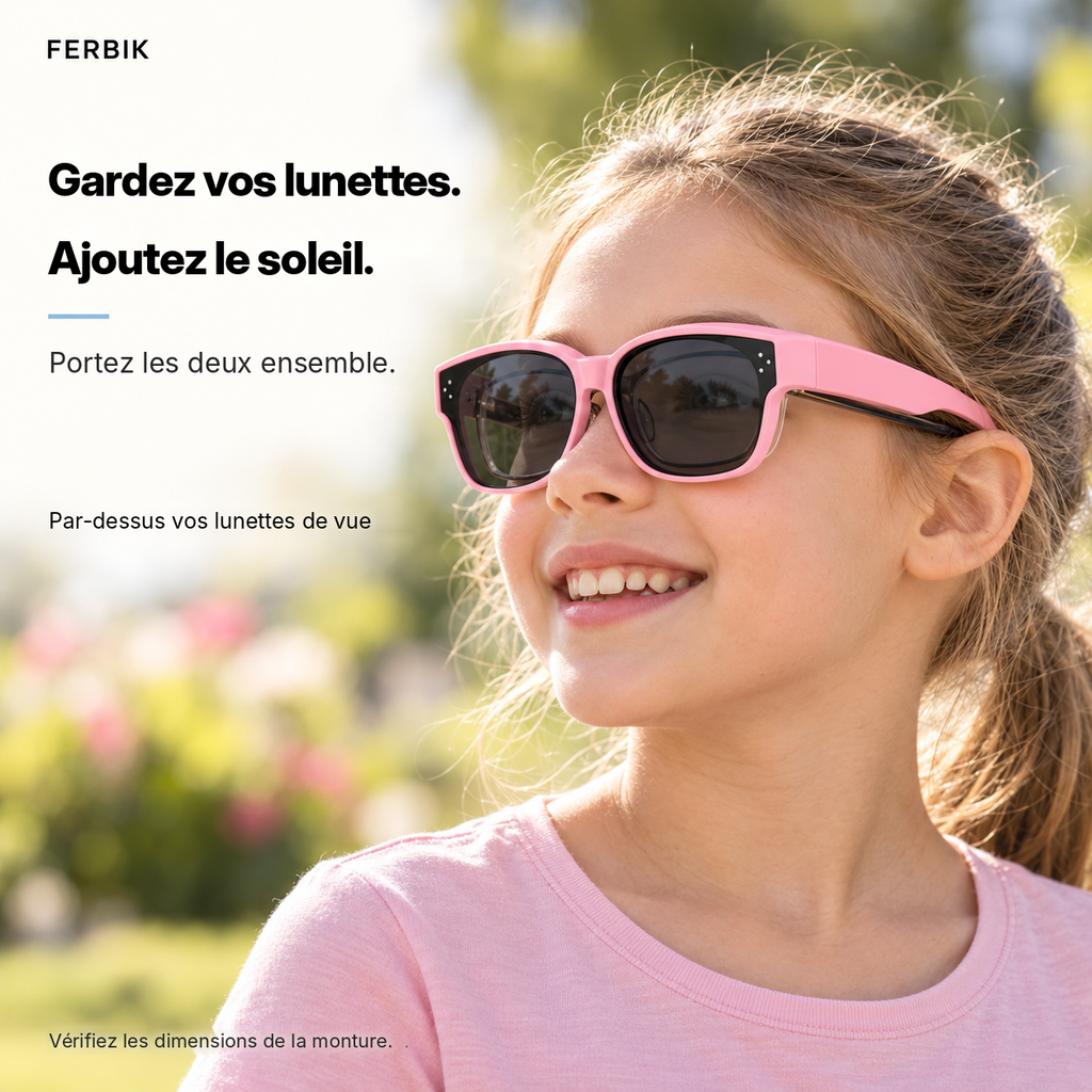 Lunettes de soleil PETIT NORD rose pour enfant portées par-dessus des lunettes de vue