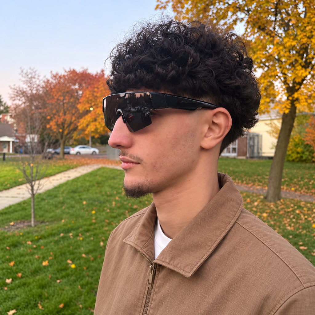 Man wearing RAFALE smoke fit-over shield sunglasses, side view