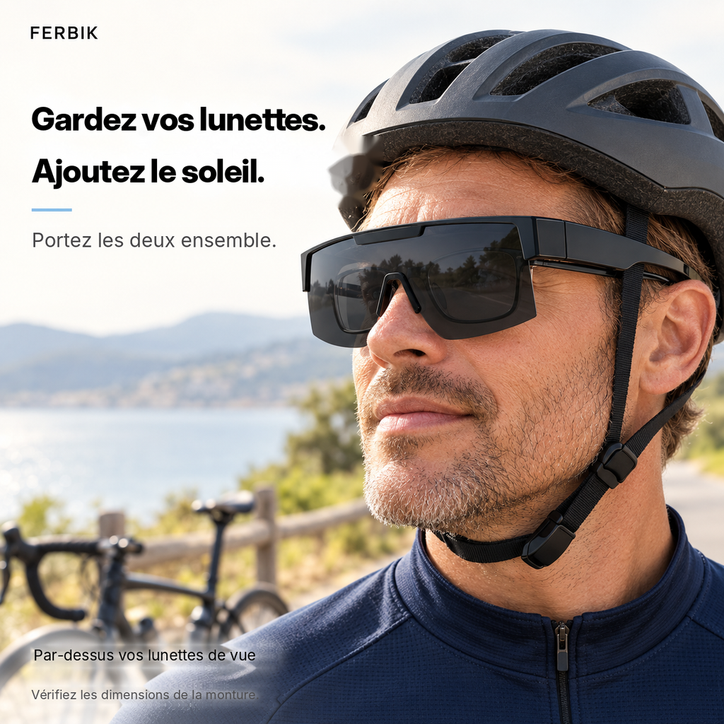 Lunettes de soleil RAFALE fumé portées par-dessus des lunettes de vue