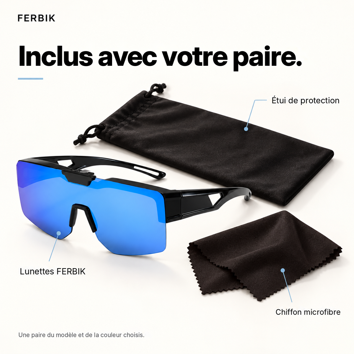 Lunettes de soleil SUROÎT miroir bleu avec étui de protection et chiffon microfibre