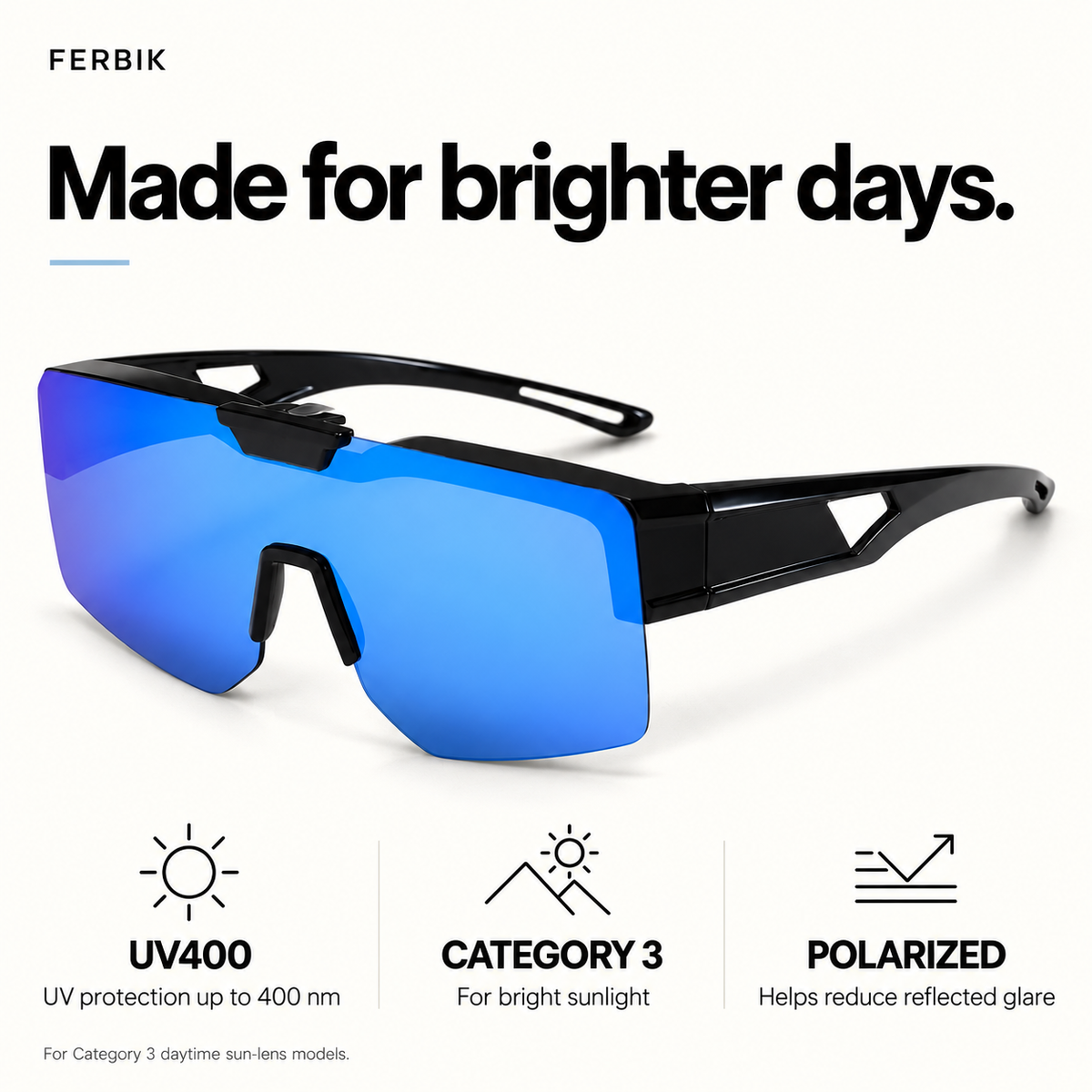 SUROIT blue mirror fit-over sunglasses, lens close-up