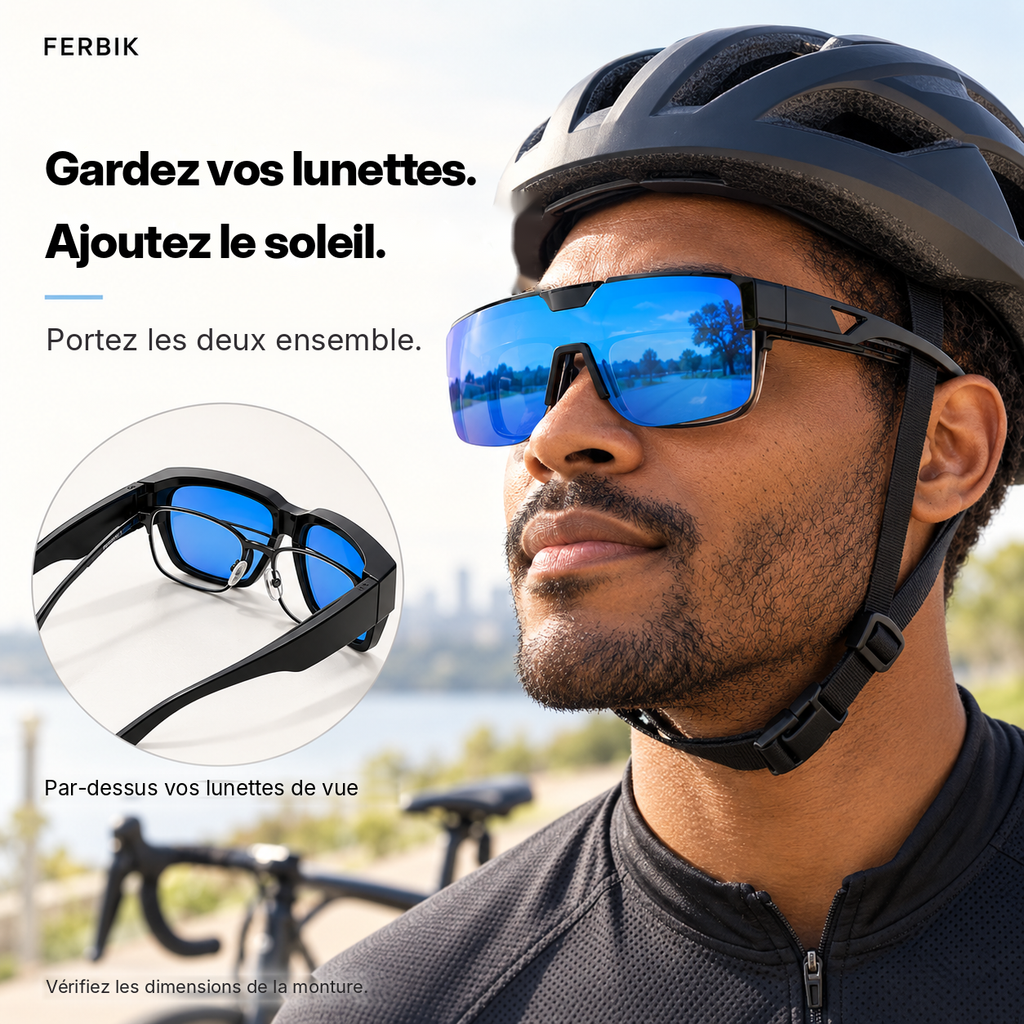 Lunettes de soleil SUROÎT miroir bleu portées par-dessus des lunettes de vue