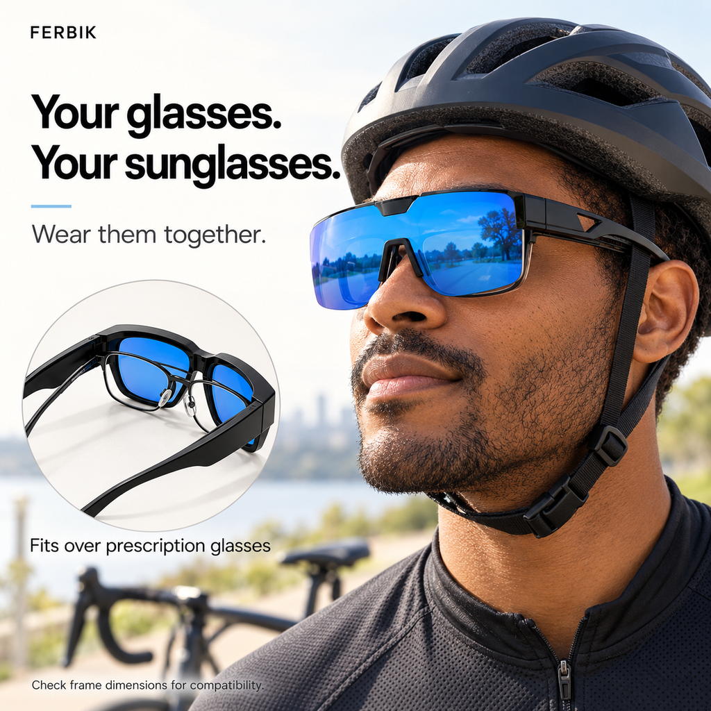 SUROIT blue mirror fit-over sunglasses worn over prescription glasses