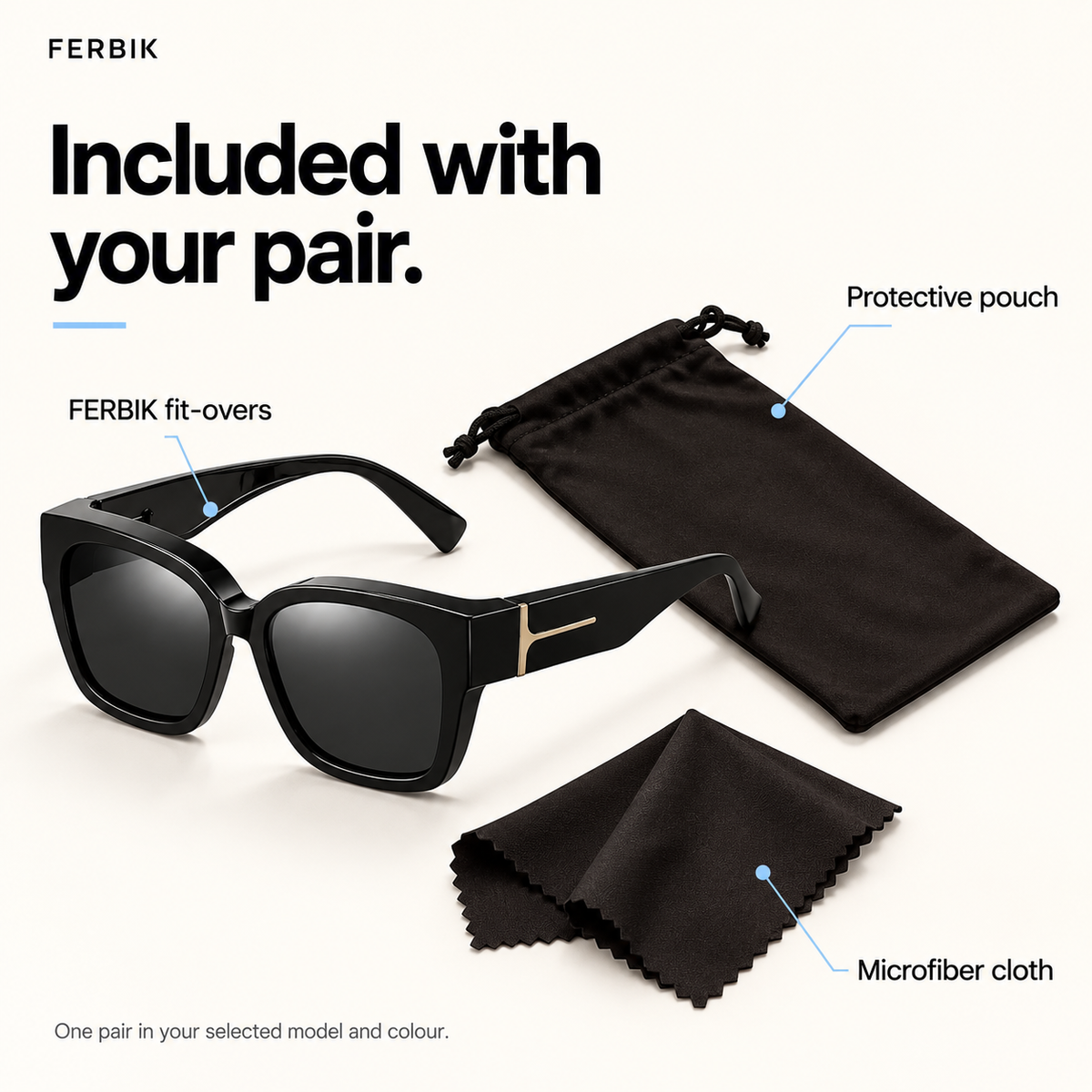 VESPRA black fit-over sunglasses with pouch and microfiber cloth