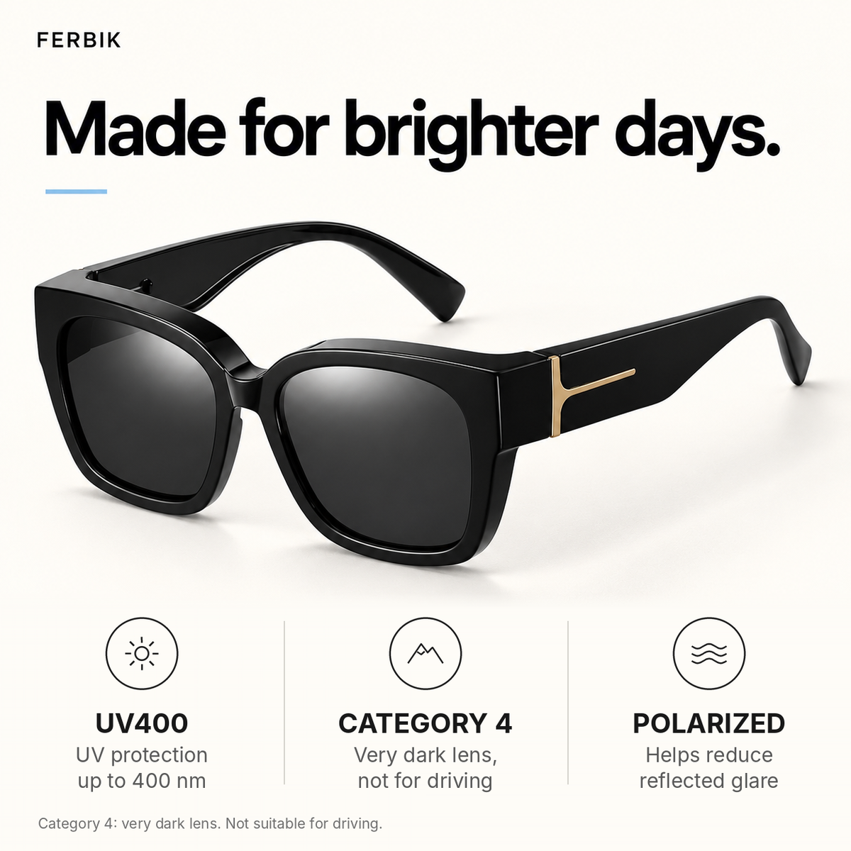 VESPRA black fit-over sunglasses, lens close-up