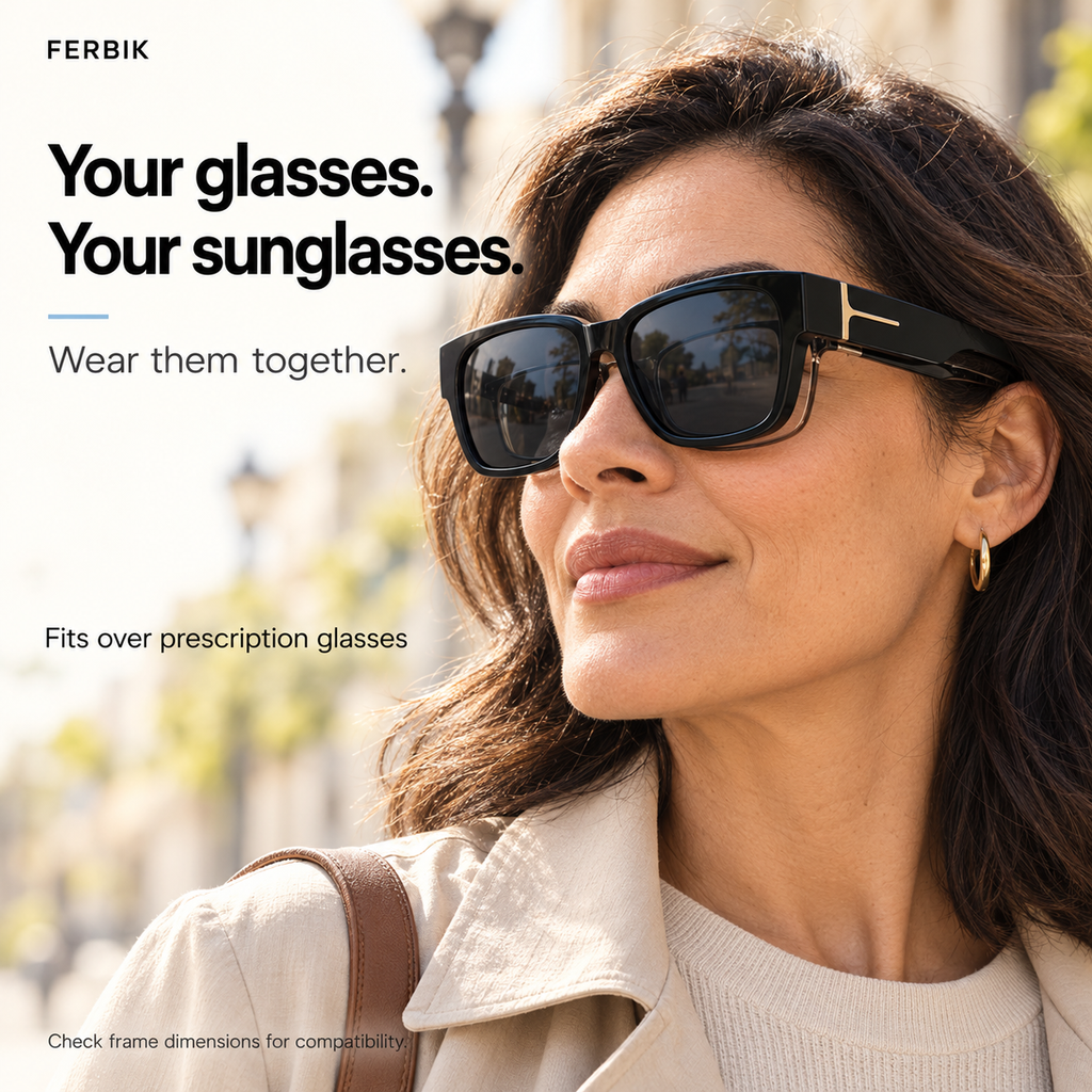 VESPRA black fit-over sunglasses worn over prescription glasses