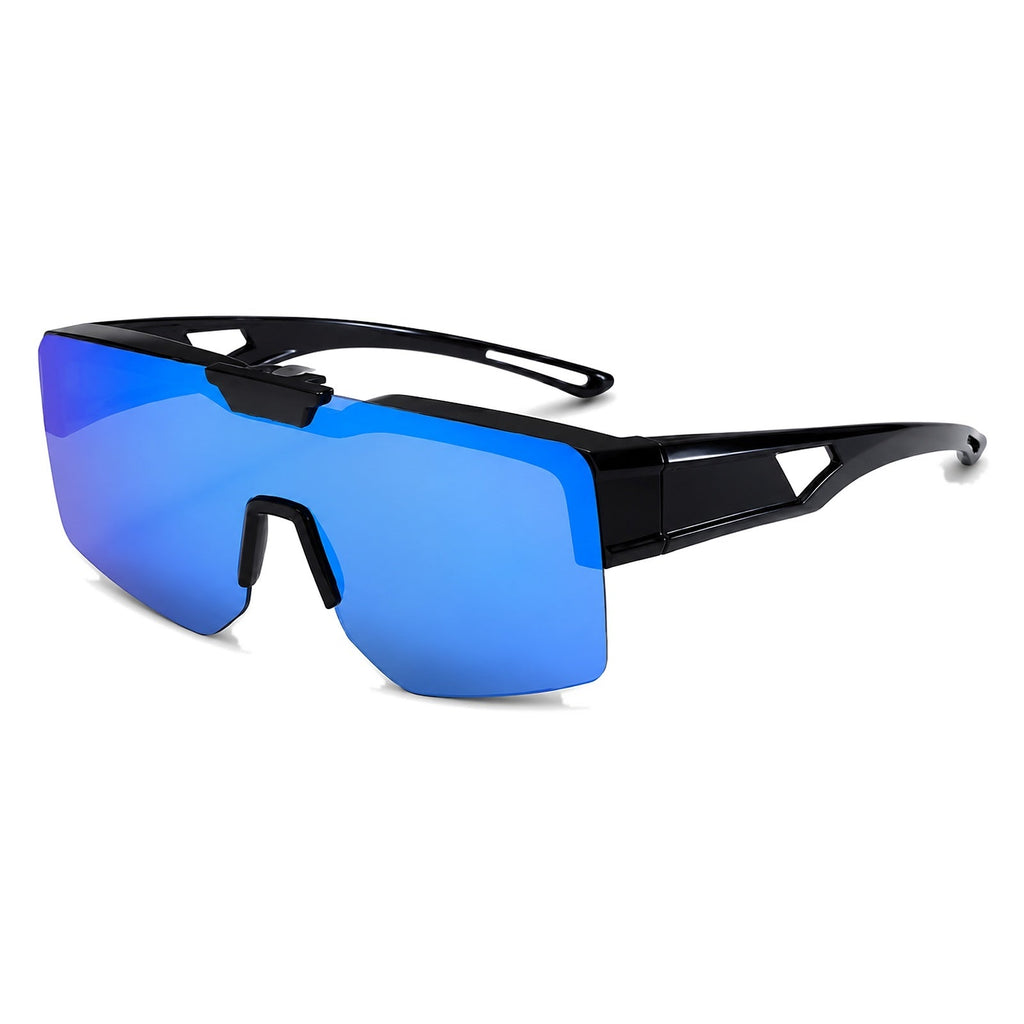 SUROIT fit-over sunglasses, black vented wraparound shield, blue mirror lens