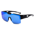 SUROIT fit-over sunglasses, black vented wraparound shield, blue mirror lens